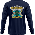 blue long sleeve tee, back