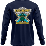 blue long sleeve tee, back