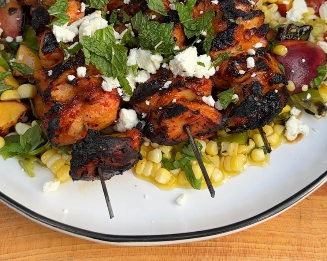 Honey Harissa Chicken Skewers with Grilled Corn & Peach Salad