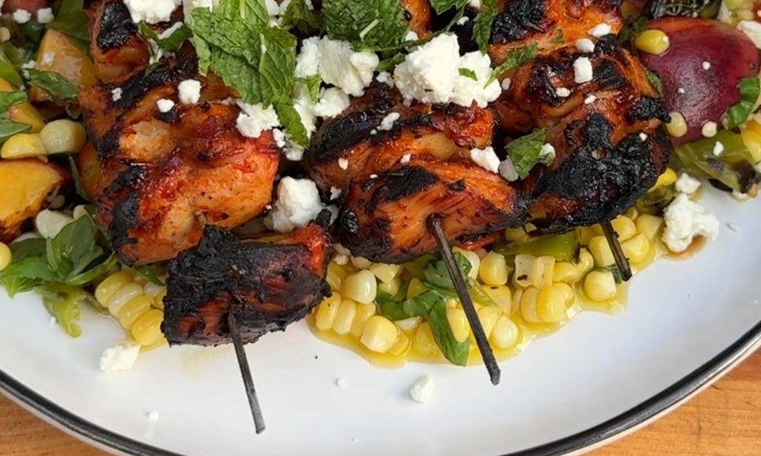 Honey Harissa Chicken Skewers with Grilled Corn & Peach Salad