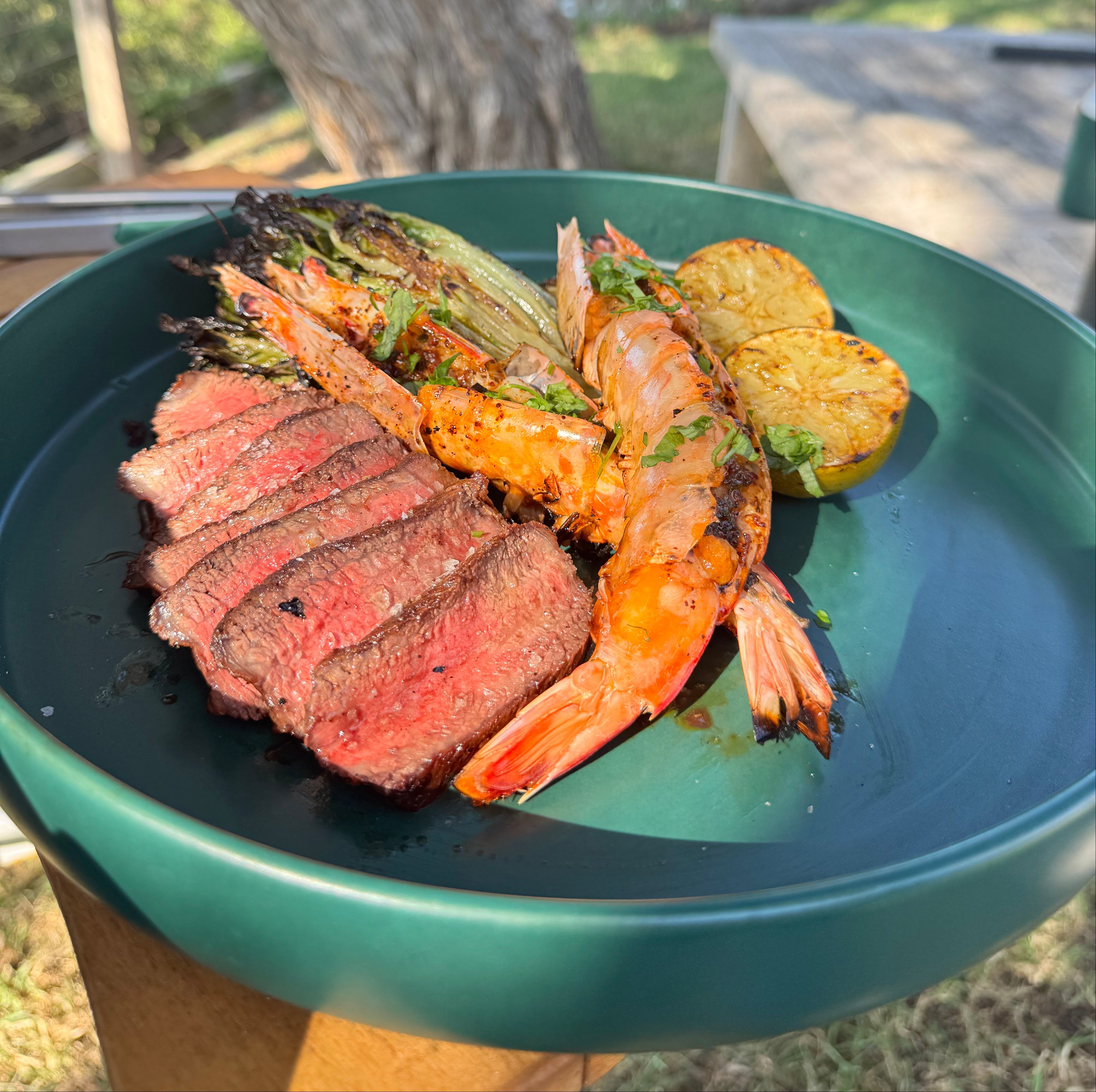 Compound Butter Prawns, Wagyu Rump Cap & Grilled Cos