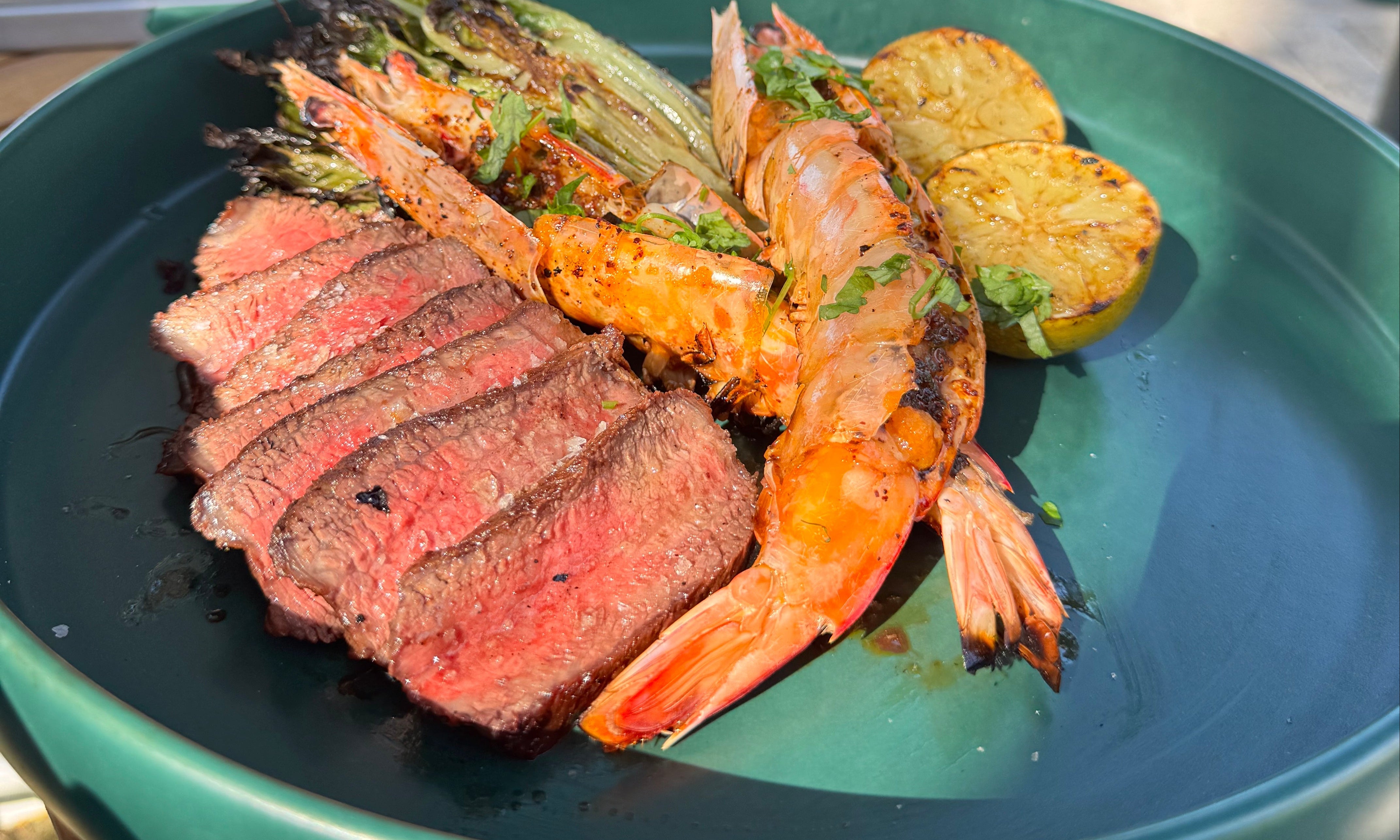 Compound Butter Prawns, Wagyu Rump Cap & Grilled Cos