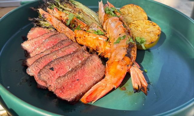 Compound Butter Prawns, Wagyu Rump Cap & Grilled Cos