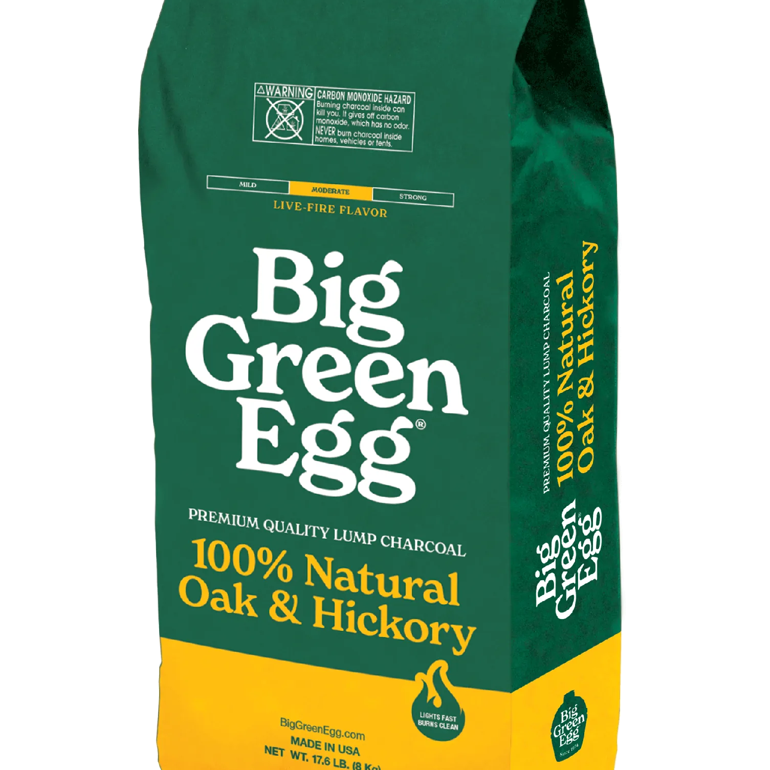 Big Green Egg charcoal packaging with green and yellow design