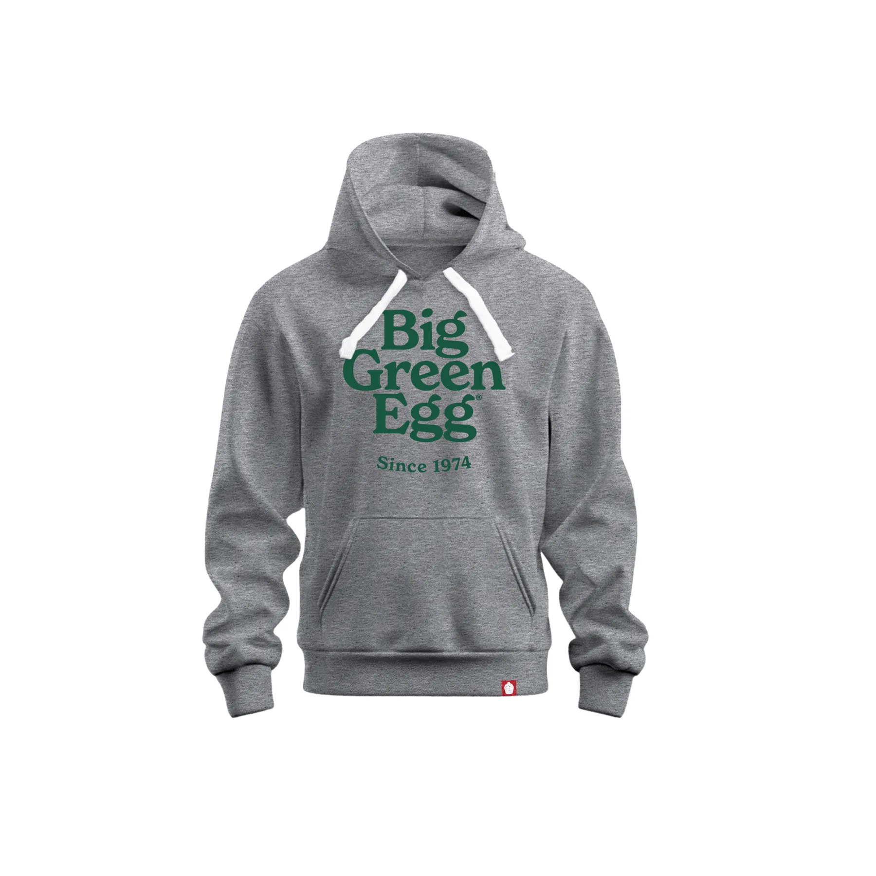 Gray hoodie with 'Big Green Egg' logo on a white background