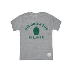 Gray t-shirt with 'Big Green Egg Atlanta' text and logo on a white background
