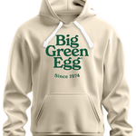 Beige hoodie with 'Big Green Egg Since 1974' text on a white background