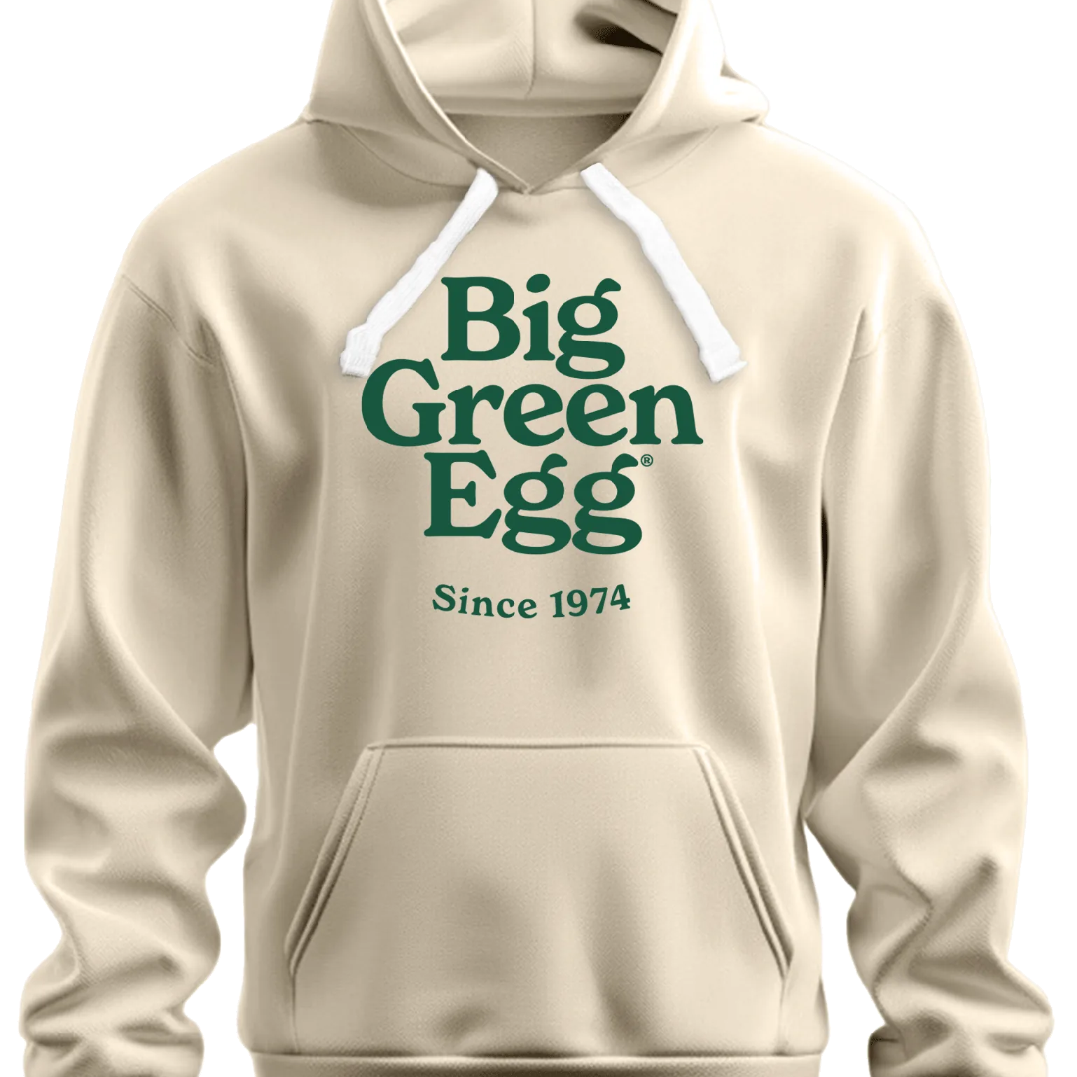 Beige hoodie with 'Big Green Egg Since 1974' text on a white background