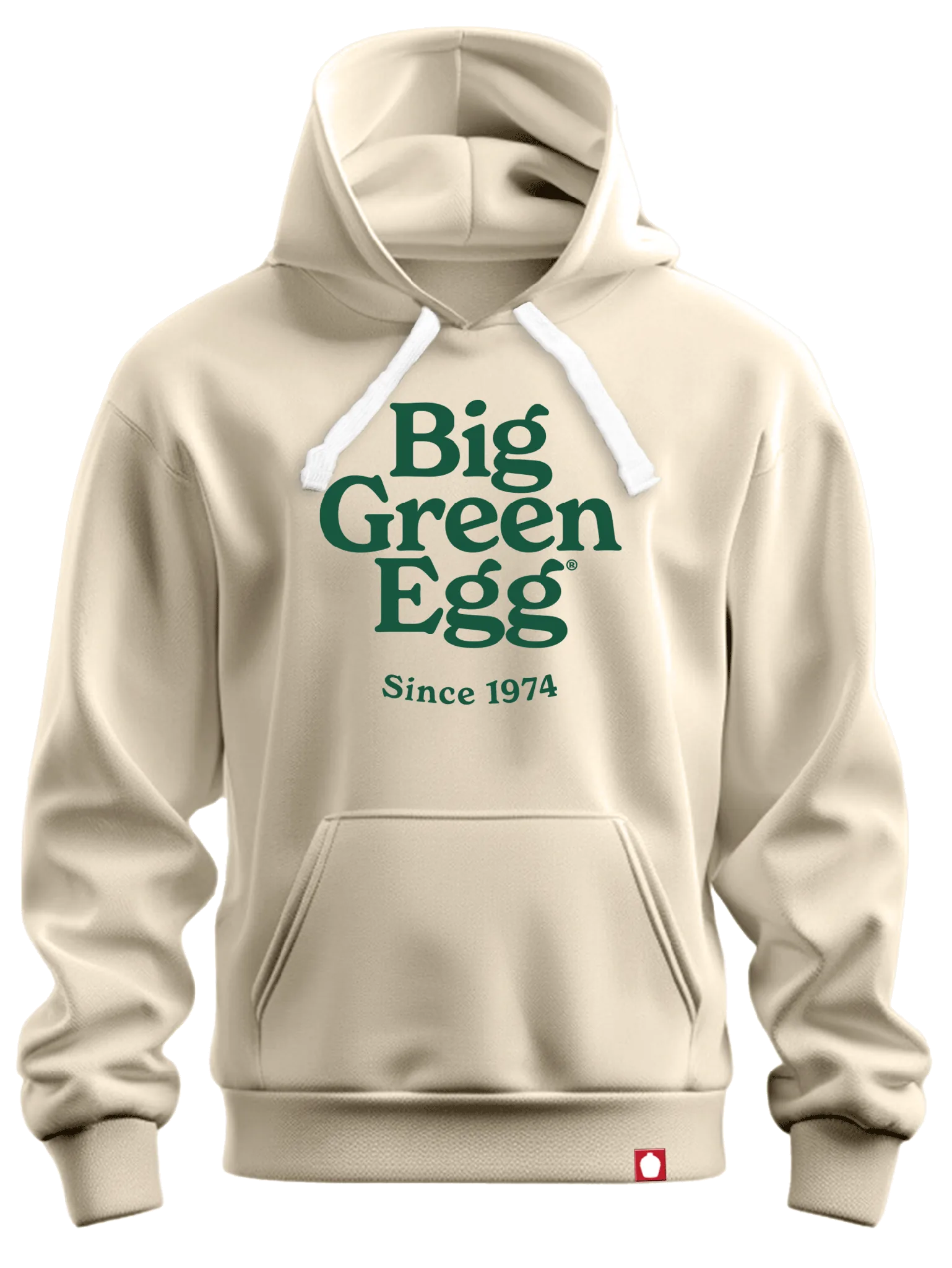 Beige hoodie with 'Big Green Egg Since 1974' text on a white background