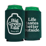 Two green can koozie coolers with Big Green Egg branding on a white background