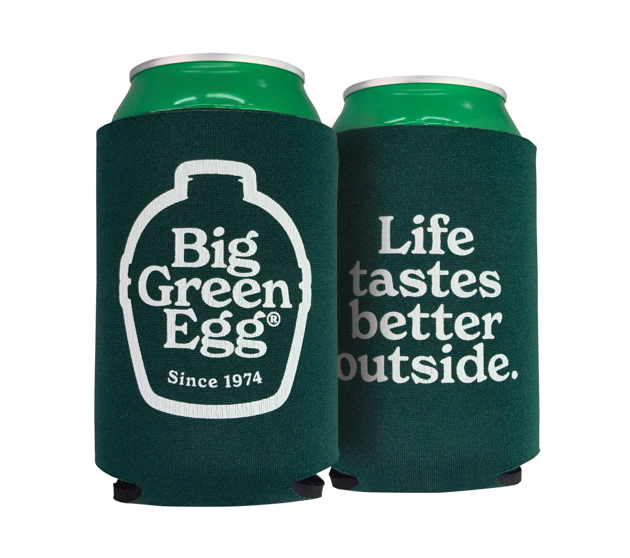 Two green can koozie coolers with Big Green Egg branding on a white background