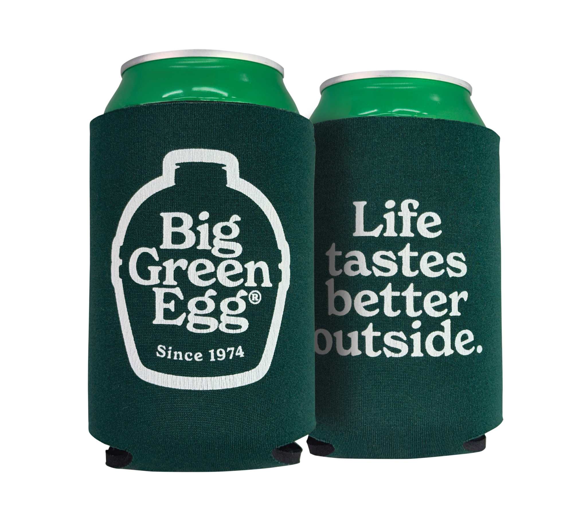 Two green can koozie coolers with Big Green Egg branding on a white background