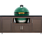 Green barbecue grill on a wooden cabinet with a white background