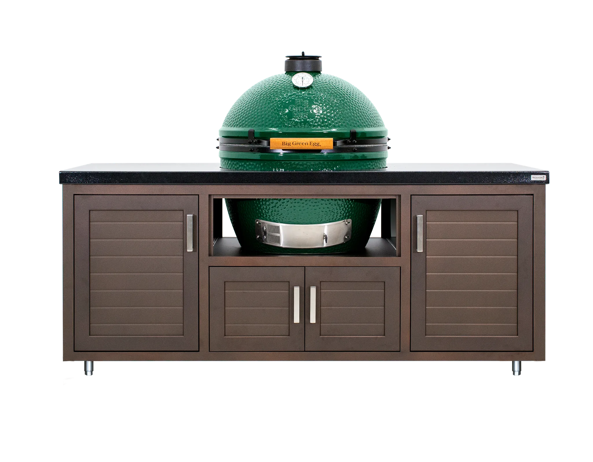Green barbecue grill on a wooden cabinet with a white background