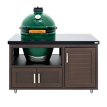 Green Egg barbecue grill on a wooden stand with cabinets