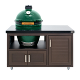 Green Egg barbecue grill on a wooden stand with cabinets