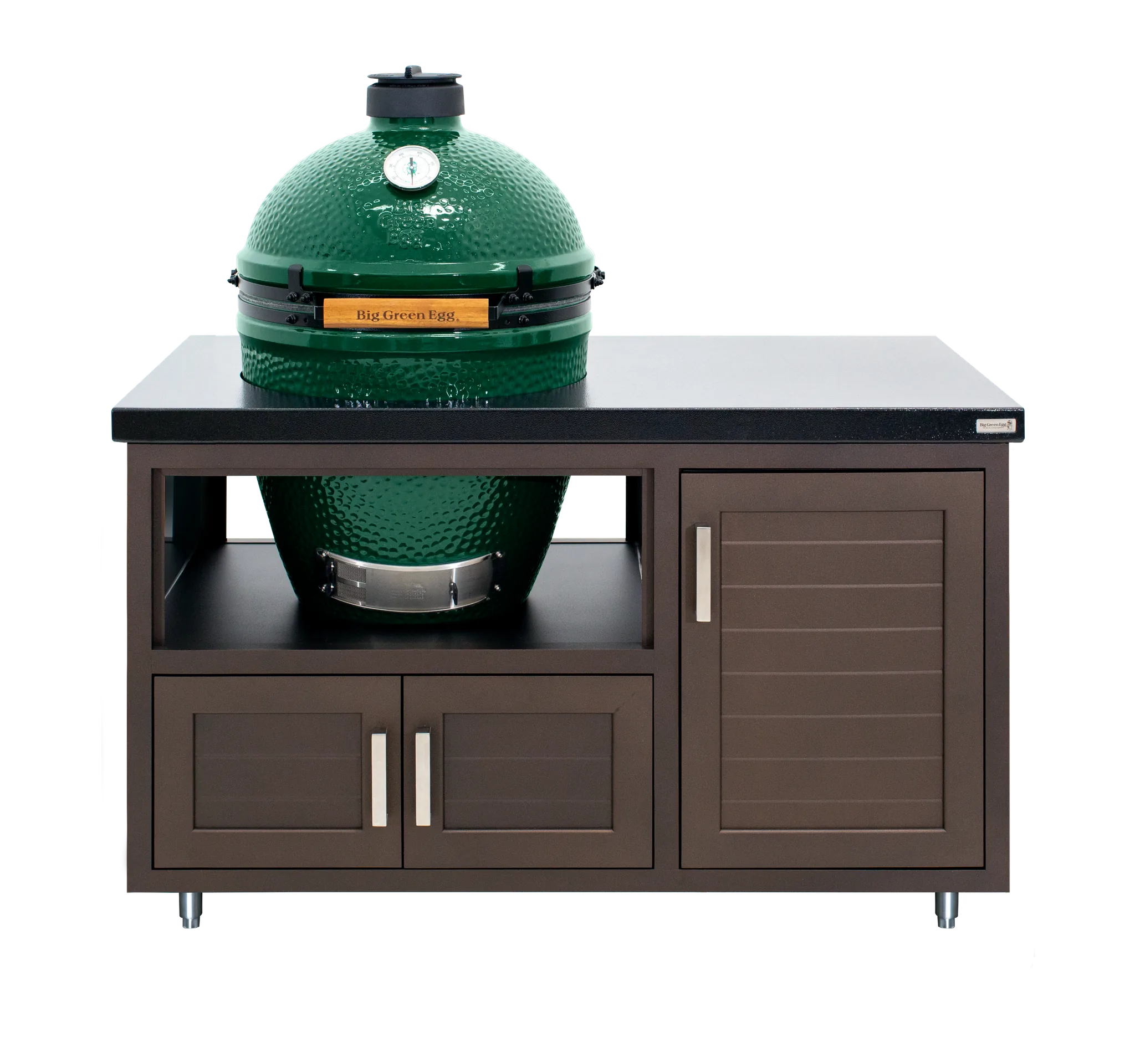 Green Egg barbecue grill on a wooden stand with cabinets