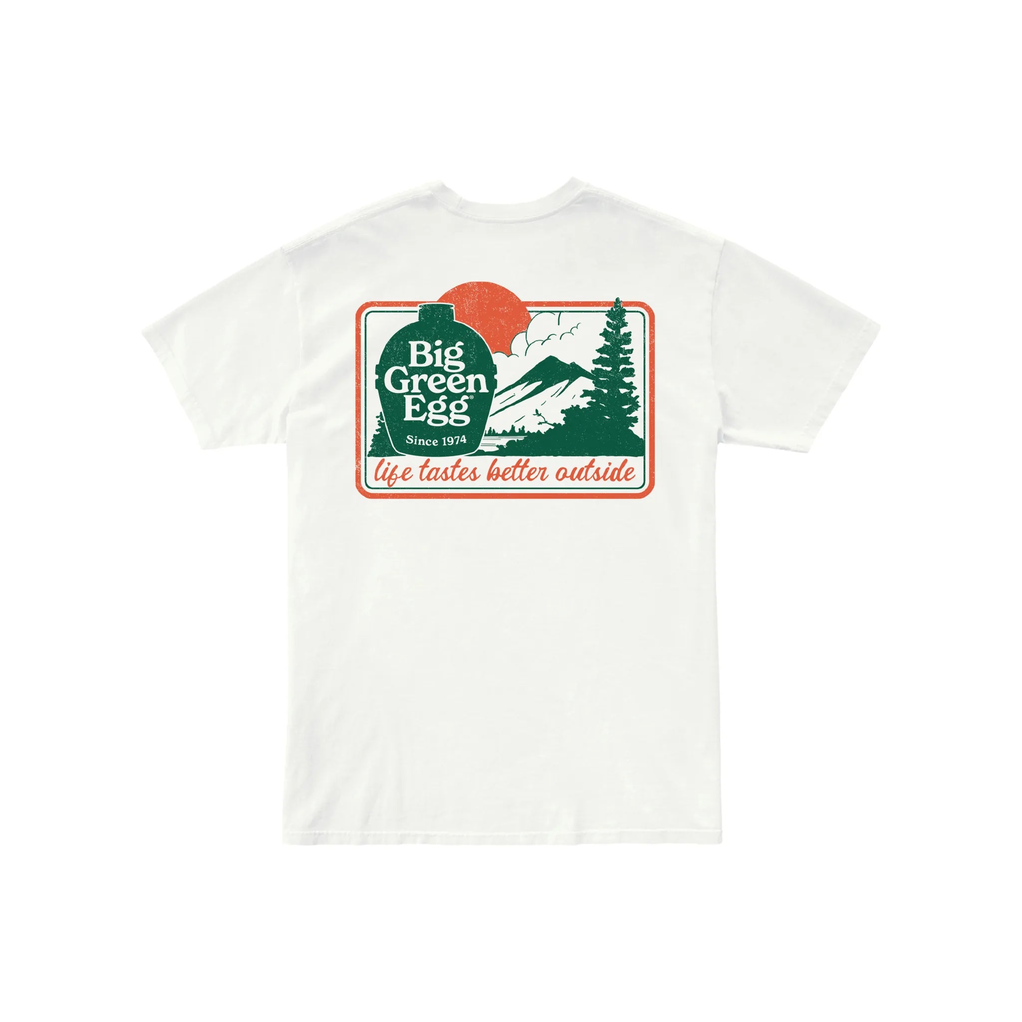 White t-shirt with Big Green Egg logo on a white background