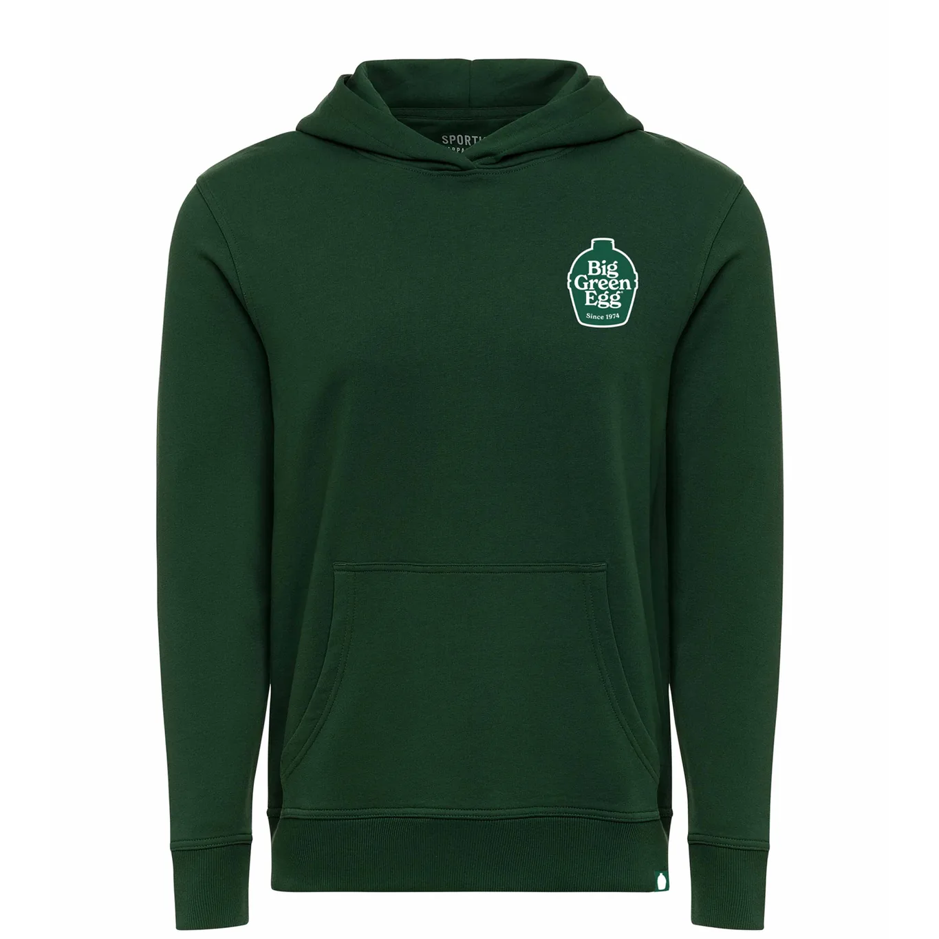 Green hoodie with a logo on the chest against a white background