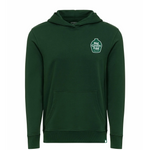 Green hoodie with a logo on the chest against a white background