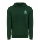 Green hoodie with a logo on the chest against a white background