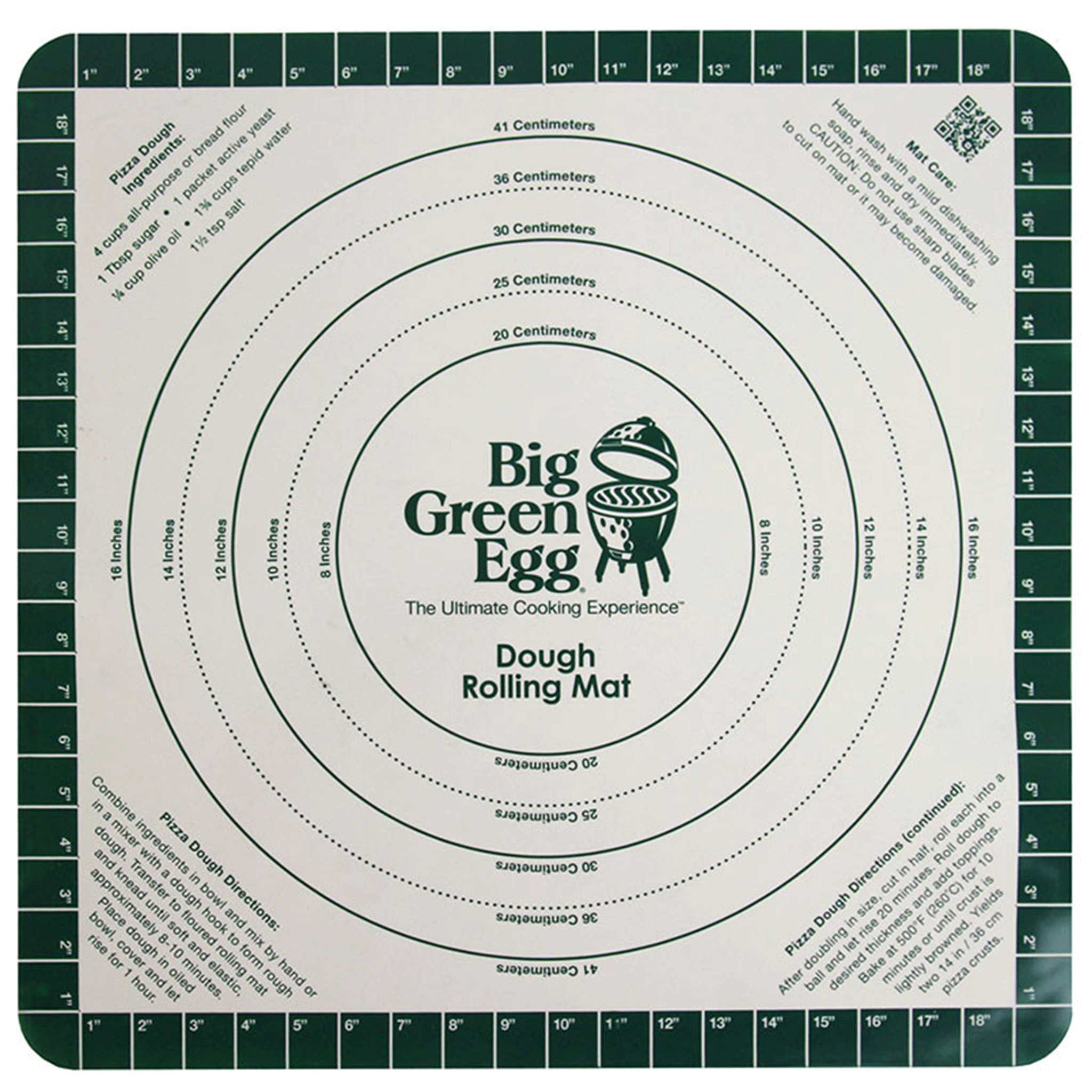 Big Green Egg dough rolling mat with measurement markings on a white background