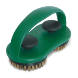 Green brush with black bristles on a white background