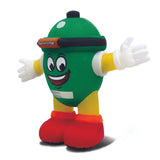 Colorful blow up resembling a Big Green Egg character with a green body, yellow arms, red shoes, and a black hat on a white background.
