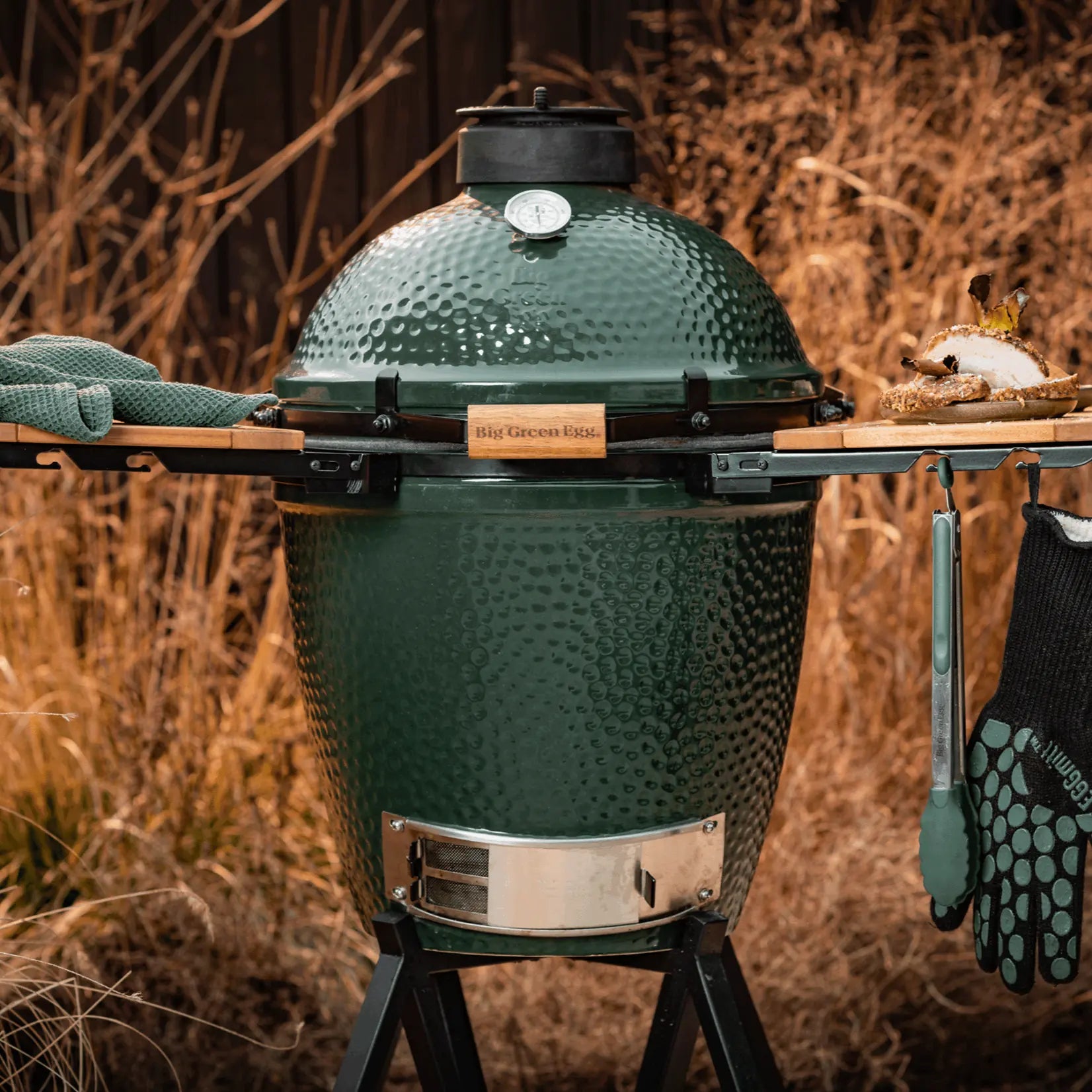 Green Egg barbecue grill on a stand with tools and gloves in an outdoor setting
