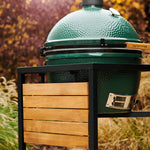 Big Green Egg ceramic kamado barbecue grill on a stand with a natural outdoor background