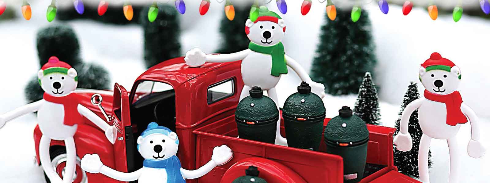 Red truck with polar bears with Big Green Eggs and Christmas Trees