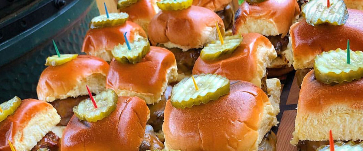 Game Day Sliders with a Big Green Egg in background