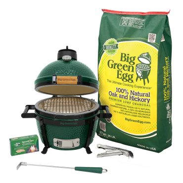 Big Green Egg MiniMax package with EGG, lump charcoal, ash tool, grid gripper, nest and charcoal starters