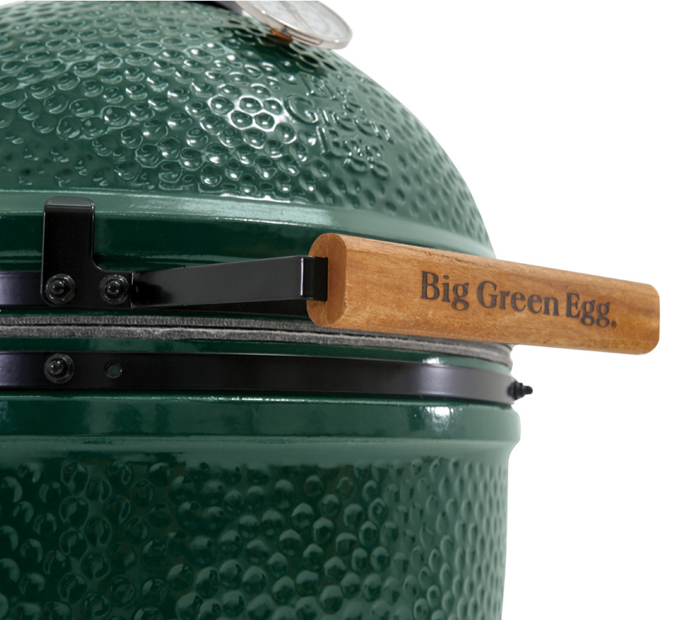 view of Xlarge big green egg handle and temperature gauge