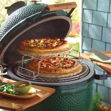 Pizza Baked on Baking stones on EGGspander 5 Piece Kit in Big GReen EGG with Acacia Wood EGG Mates