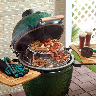 Wings and Brats being Grilled on EGGspander 5 Piece Kit in Big Green Egg with Acacia Wood EGG Mates