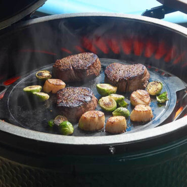 Dual-Sided Cast Iron Plancha Griddle Searing Steak and Scallops