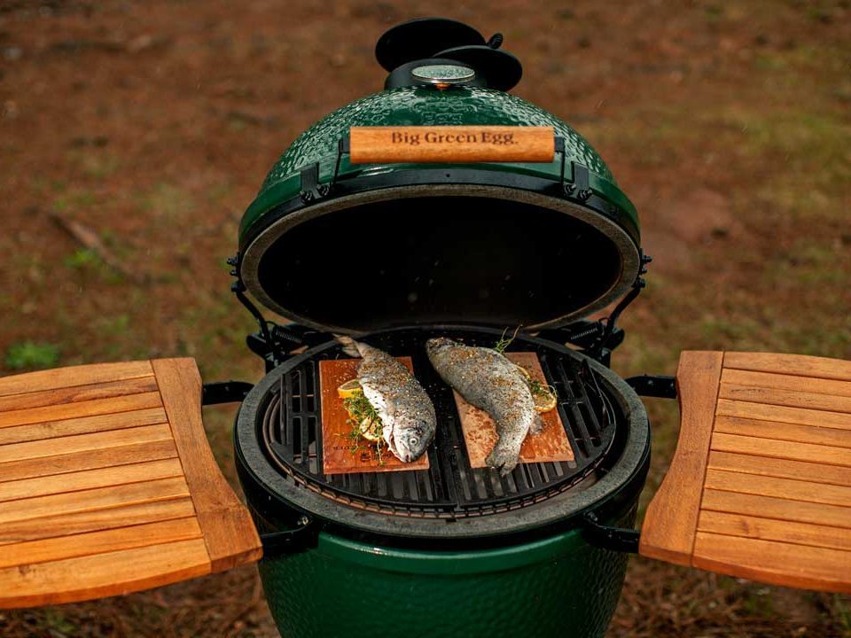Ceadr Planked Trout on Big Green Egg with Acacia Wood EGG Mates