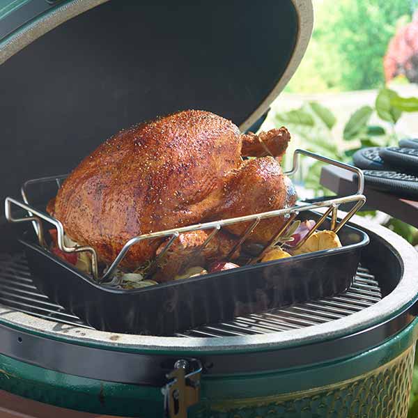 Turkey in Roast Rack with rectangular drip pan on Big Green Egg