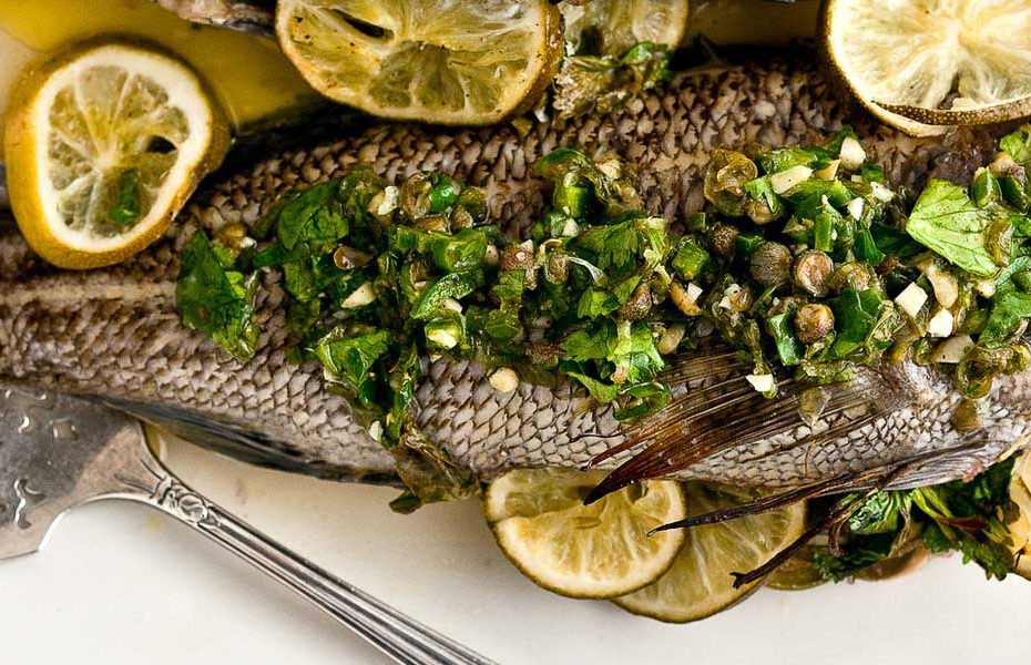 Whole Sea Bass with Salsa Verde