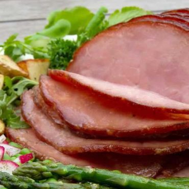 Honey Mustard Glazed Smoked Ham with Roasted Potatoes, Petite Sweet Pea and Radish Salad, and Grilled Asparagus