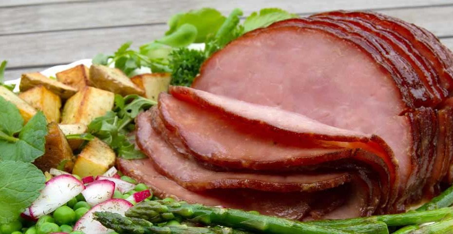 Honey Mustard Glazed Smoked Ham with Roasted Potatoes, Petite Sweet Pea and Radish Salad, and Grilled Asparagus