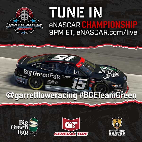 #15 Big Green Egg Ford Mustang that races in eNASCAR tonight for a championship